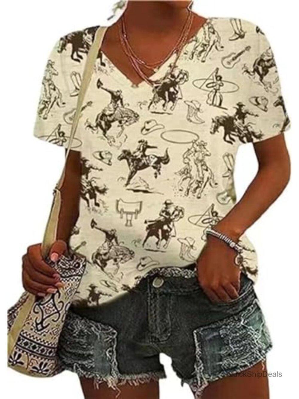 Women's Western Cactus V-Neck Short Sleeve T-Shirt Loose Fit Casual Top